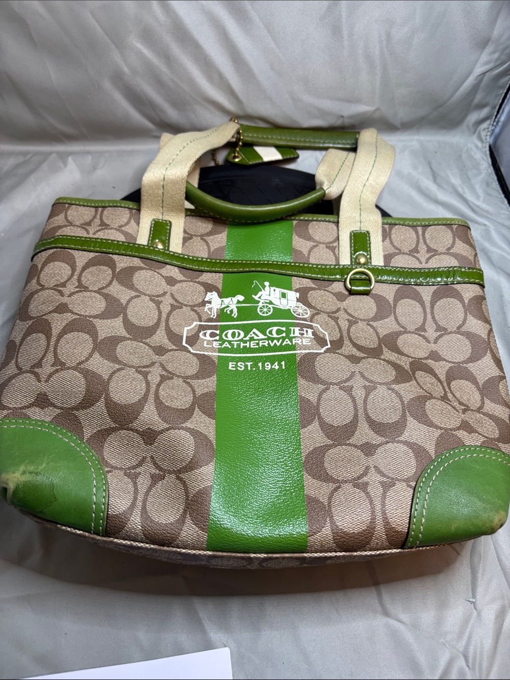 Coach Signature Canvas Tote with Green Stripe